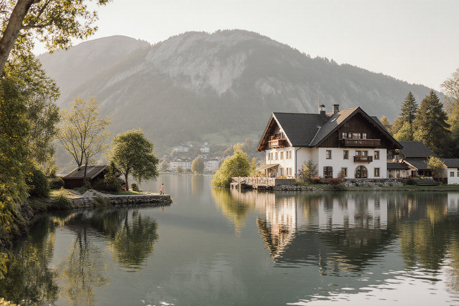 Ruhiger bayerischer See mit Steg und Bergkulisse